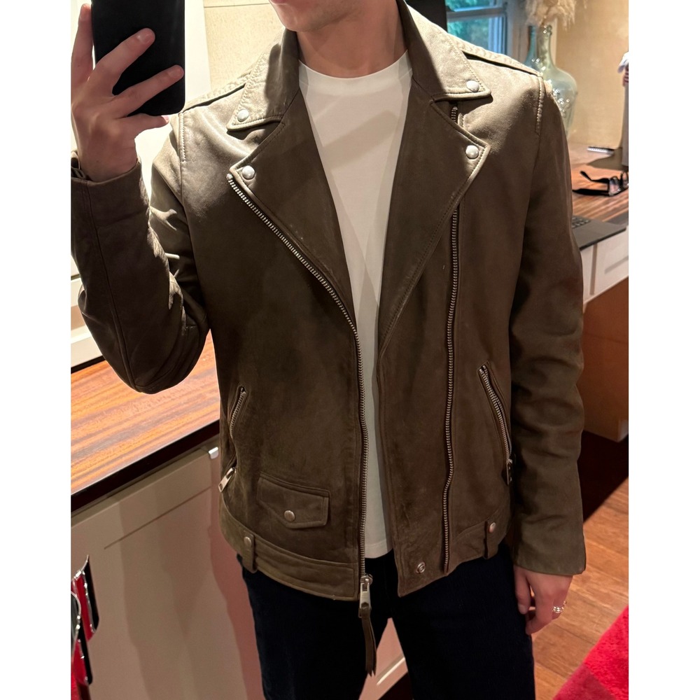 AllSaints Mens Leather Biker Jacket Olive Green Taupe Moto Slim Fit Small